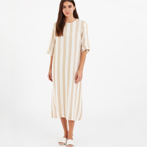 Everlane Linen A-Line Midi Dress Bone White/Caramel Stripe Size 8 Boxy Lagenlook - Picture 15 of 15